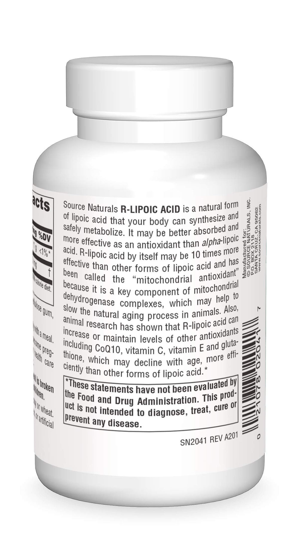 Source Naturals R-Lipoic Acid bottle label highlighting US-made quality.