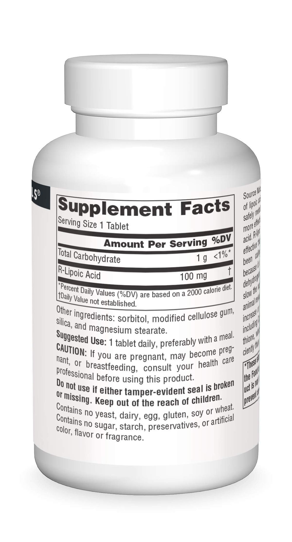 Source Naturals R-Lipoic Acid tablet closeup showing compact 100mg dose.