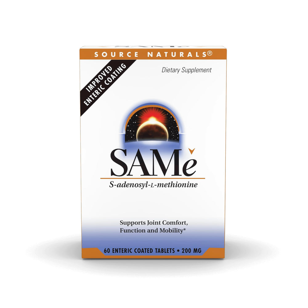 Source Naturals SAMe enteric tablets in blister pack front view protecting ingredients.