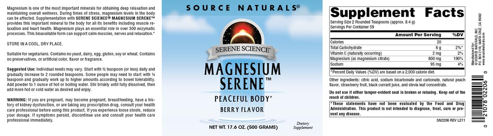 Source Naturals Serene Science Magnesium Serene measuring scoop with powder.