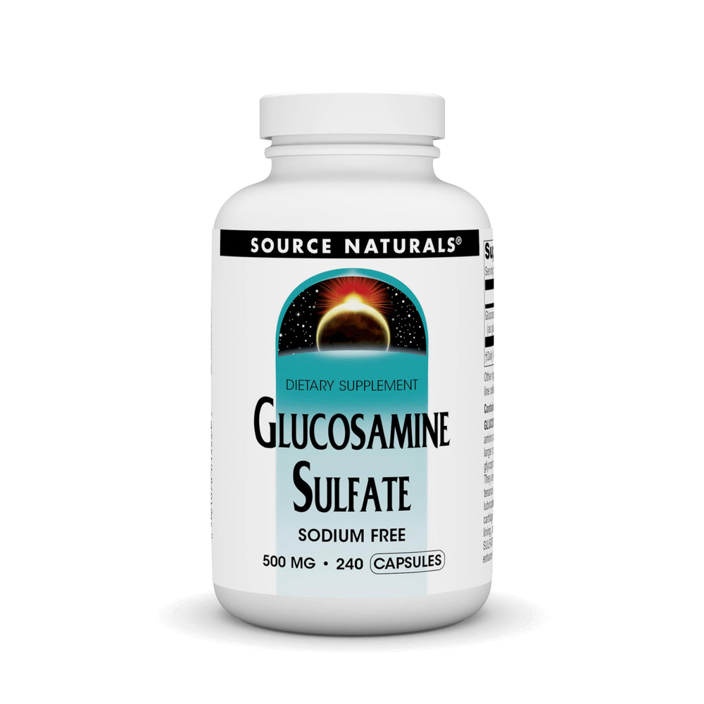 Source Naturals Sodium-Free Glucosamine Sulfate 500 mg bottle front for joint support potential.