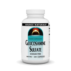 Source Naturals Sodium-Free Glucosamine Sulfate 500 mg bottle front for joint support potential.