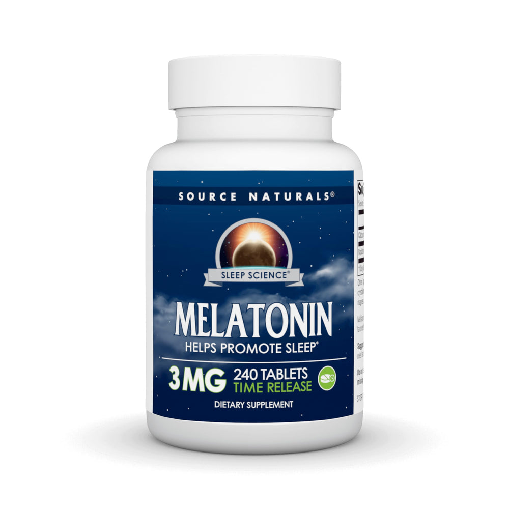 Source Naturals Time Released Melatonin bottle packaging with 240 tablets for sustained sleep support.