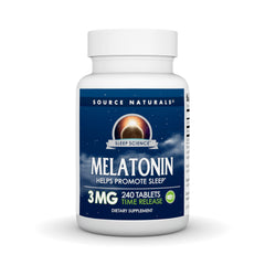 Source Naturals Time Released Melatonin bottle packaging with 240 tablets for sustained sleep support.