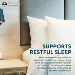 Source Naturals Time Released Melatonin bottle on nightstand suggesting bedtime routine.