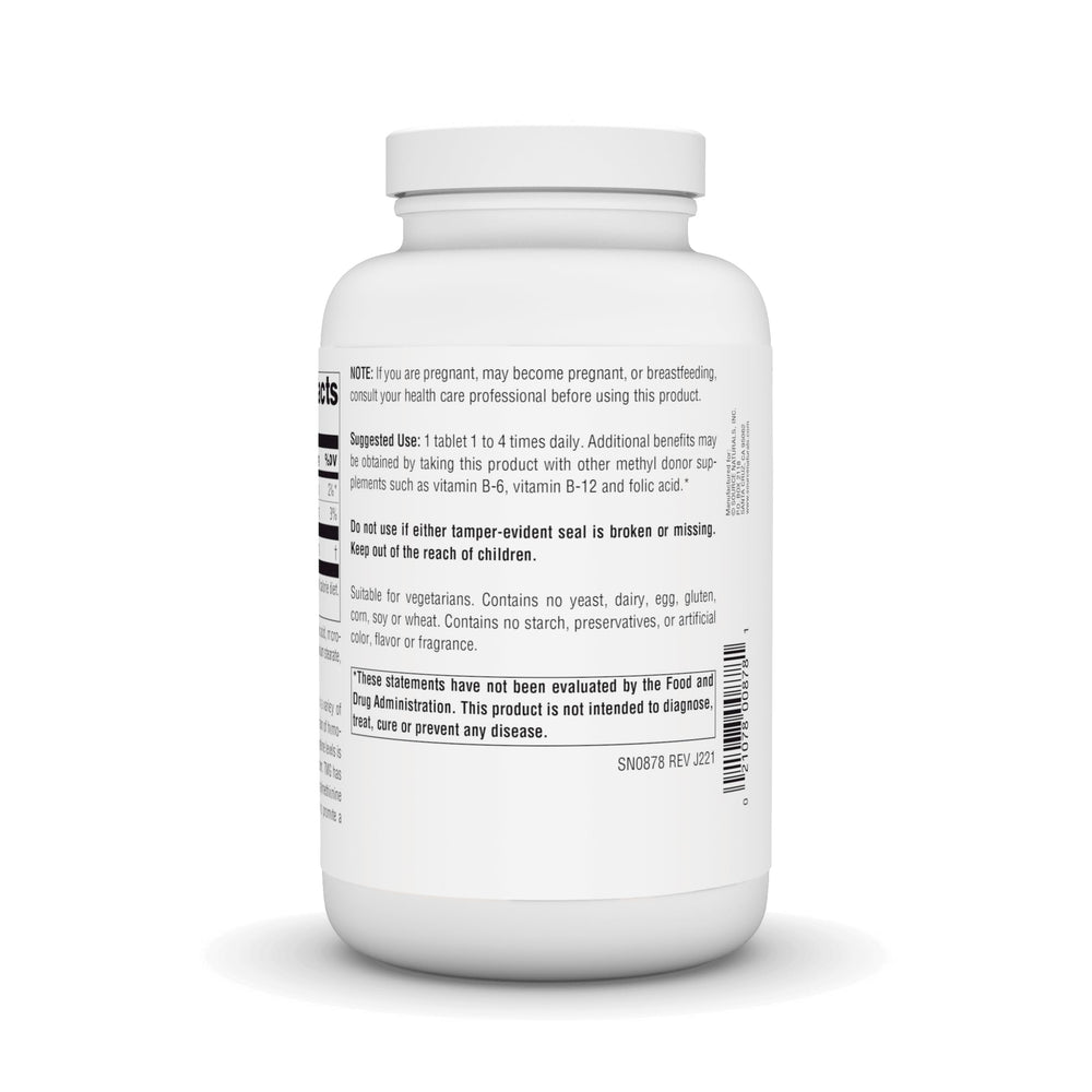 Source Naturals TMG 750mg bottle side label showing allergen-free features