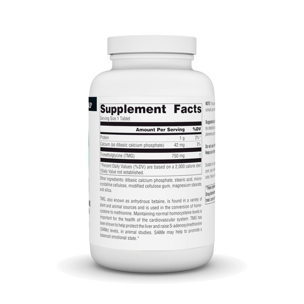Closeup of Source Naturals TMG 750mg tablets, compact and easy to swallow