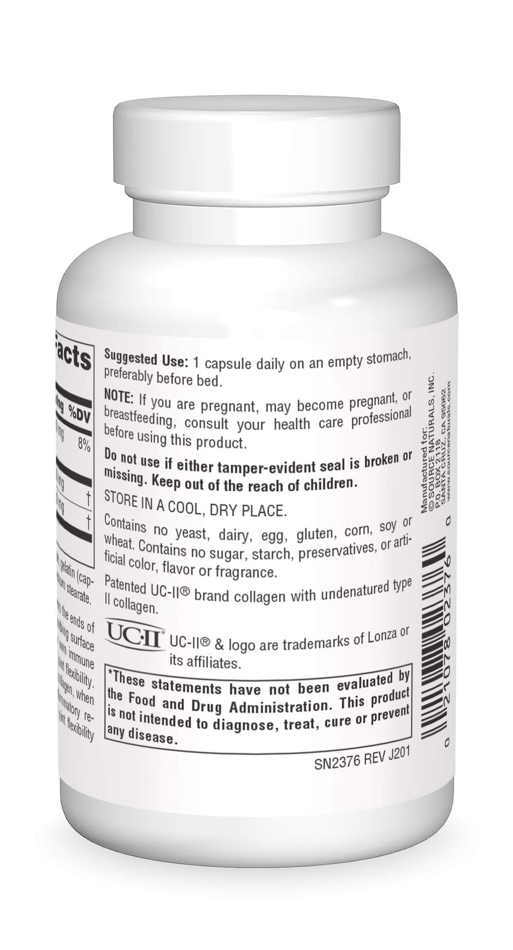 Source Naturals UC-II undenatured capsule label highlighting quality and purity benefits.