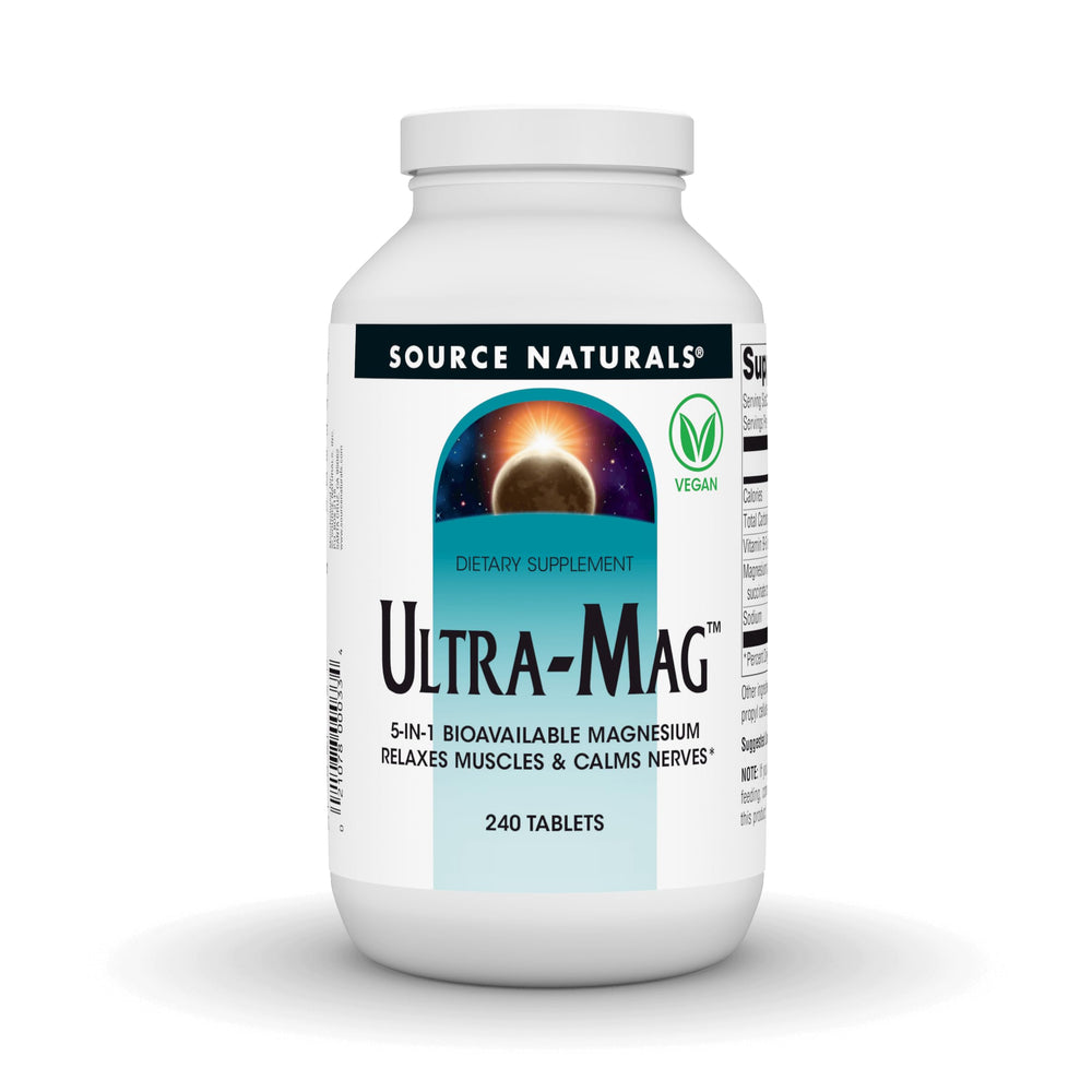 Source Naturals Ultra-Mag 5 in 1 bottle shows label and capsules for daily magnesium support.