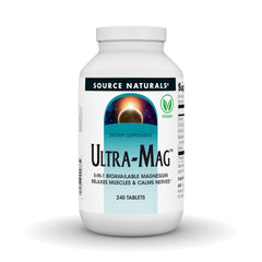Source Naturals Ultra-Mag 5 in 1 bottle shows label and capsules for daily magnesium support.