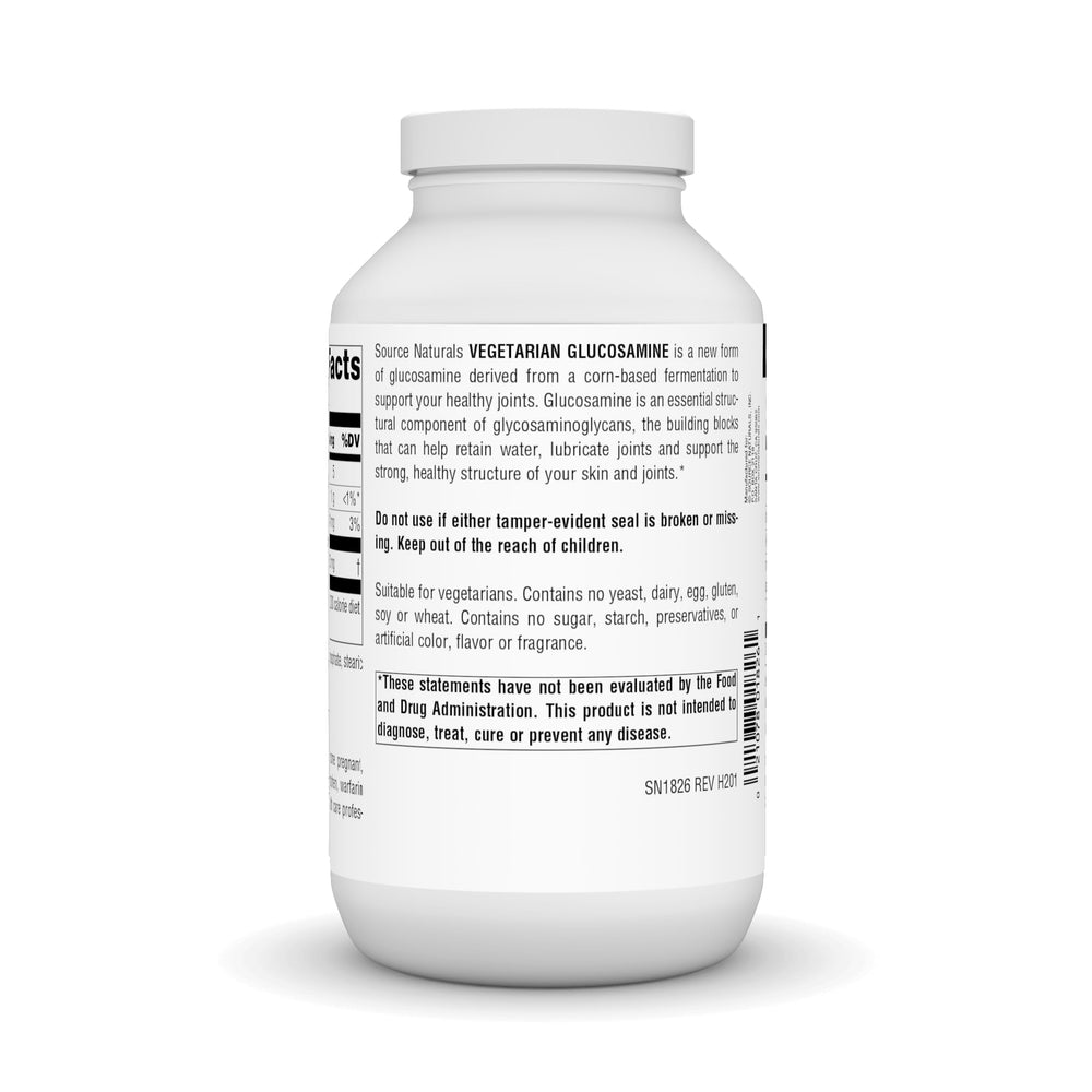 Source Naturals Vegetarian Glucosamine tablet closeup displaying tablet shape and 750 mg dose