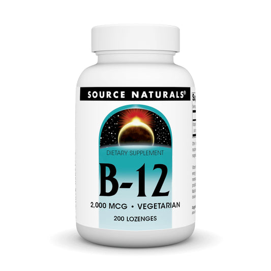 Source Naturals Vitamin B-12 bottle front showing vegetarian supplement for daily energy support