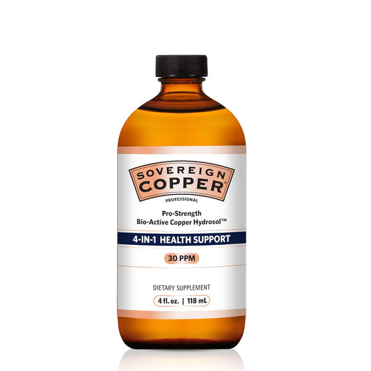 Sovereign Copper Pro-Strength bottle label highlights 30ppm content for quick daily reference