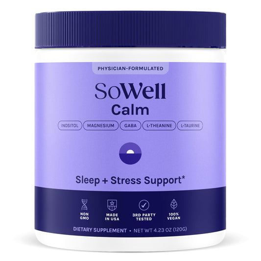 SoWell Calm Stress Support powder tub on a shelf for daily calm.