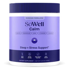 SoWell Calm Stress Support powder tub on a shelf for daily calm.