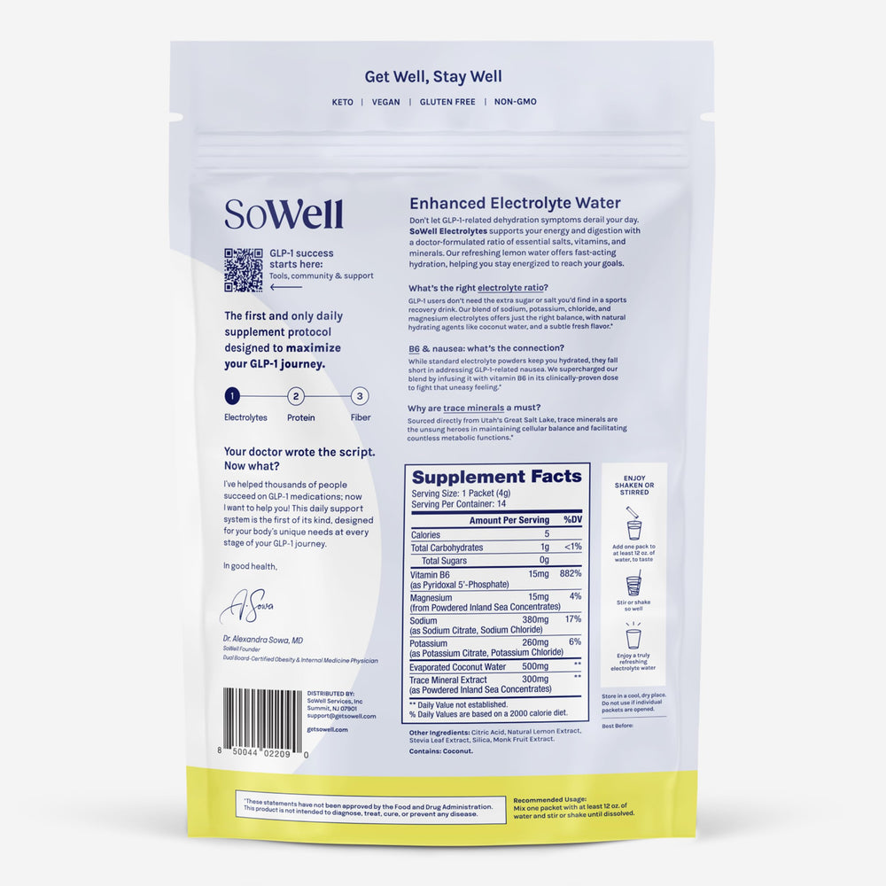 SoWell electrolyte sachet dissolves in water delivering crisp lemon flavor.