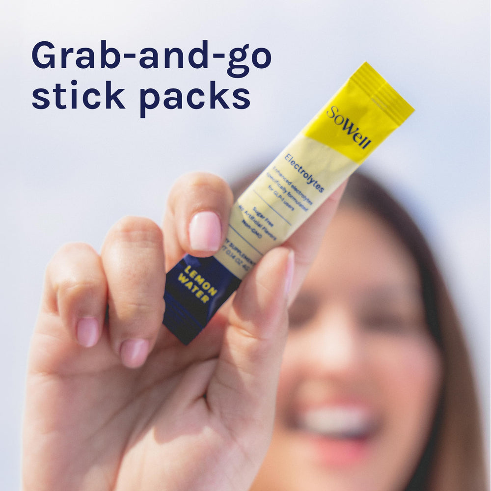 SoWell lemon-flavored electrolyte sticks offer gentle, stomach-friendly hydration.