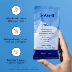 SoWell GLP-1 Protein Vanilla ingredients panel highlights collagen and enzymes