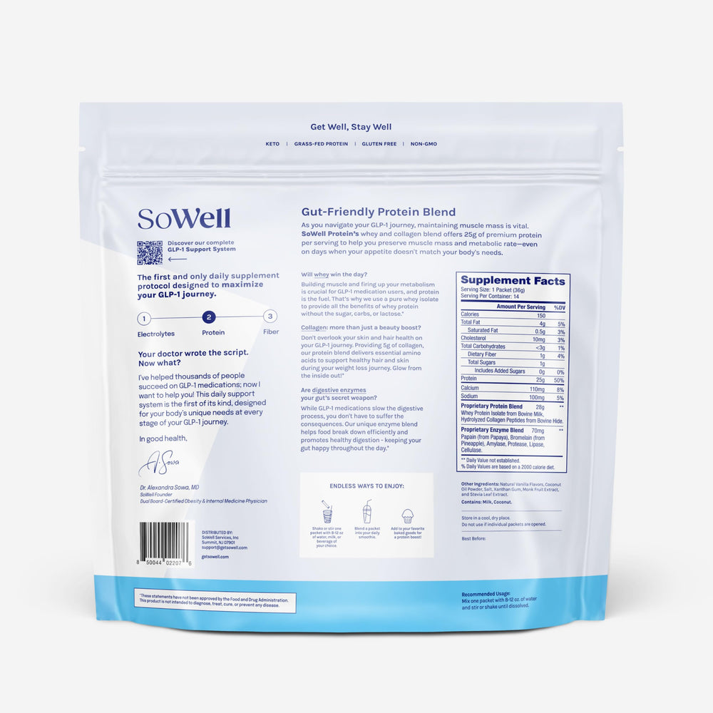 SoWell GLP-1 Protein Vanilla stick-pack back showing ingredients and benefits