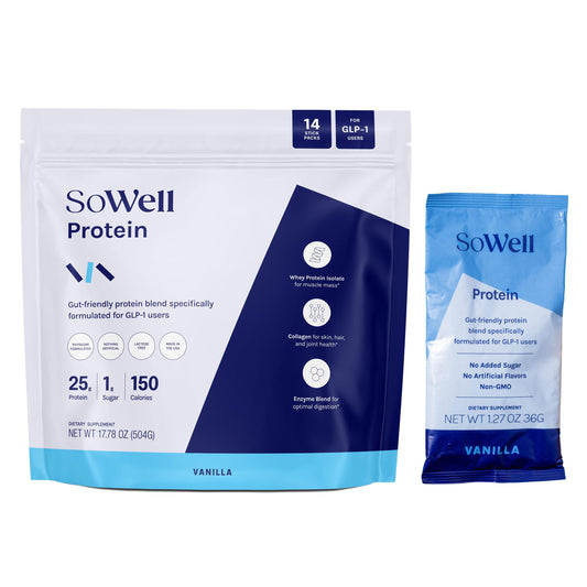 SoWell GLP-1 Protein Vanilla stick-pack front view for convenient workout nutrition