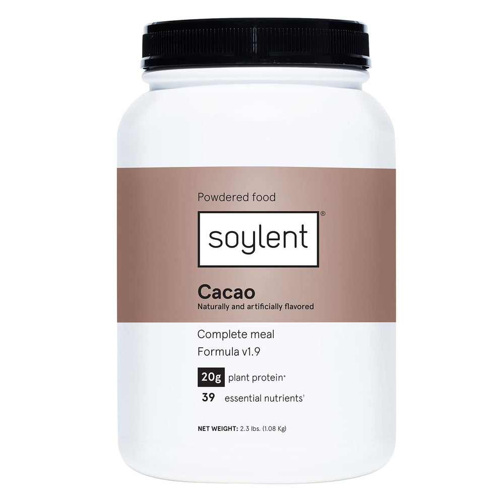 Soylent Complete Nutrition tub on kitchen counter for a quick meal