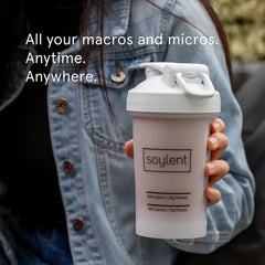 Soylent tub with measurement scoop indicating 12 convenient servings