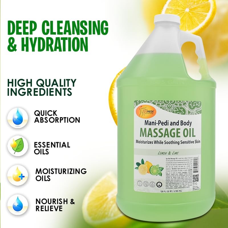 SPA REDI Lemon Lime Massage Oil ingredients highlight almond and avocado care.