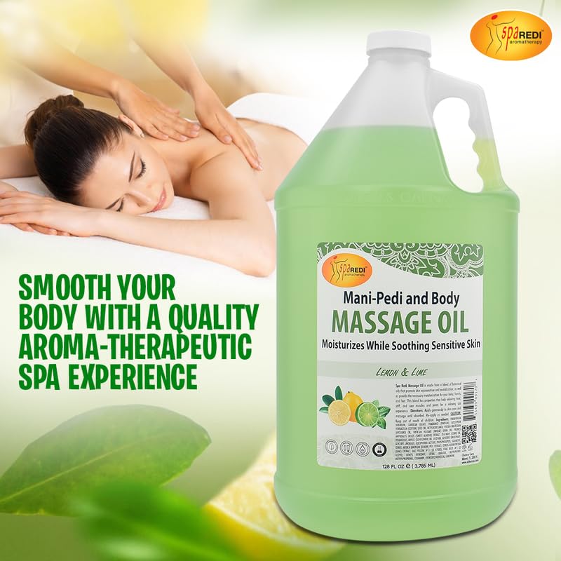 SPA REDI Lemon Lime Massage Oil label closeup shows pure ingredient details.