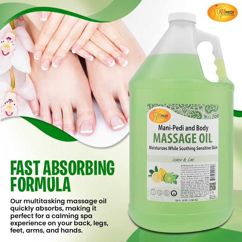 SPA REDI Lemon Lime Massage Oil pedicure setup suggests foot care ritual.