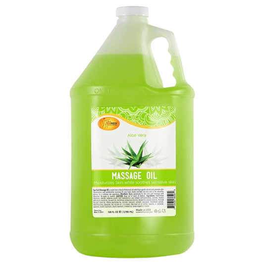 SPA REDI Massage Oil Aloe Vera bottle showing soothing, skin-nourishing action