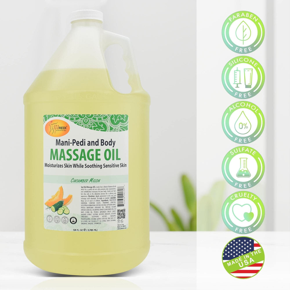 SPA REDI cucumber-melon massage oil made-in-usa label signals quality