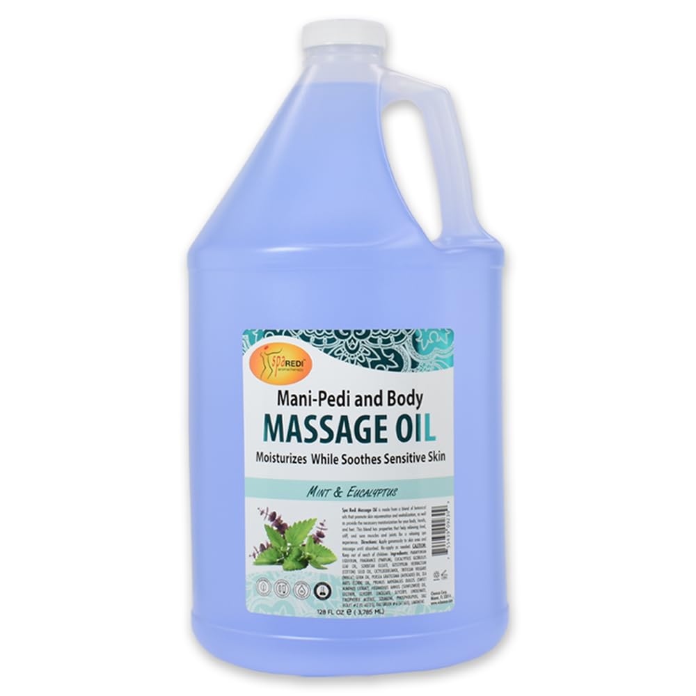 Spa Redi mint eucalyptus massage oil bottle ready for a calming spa session