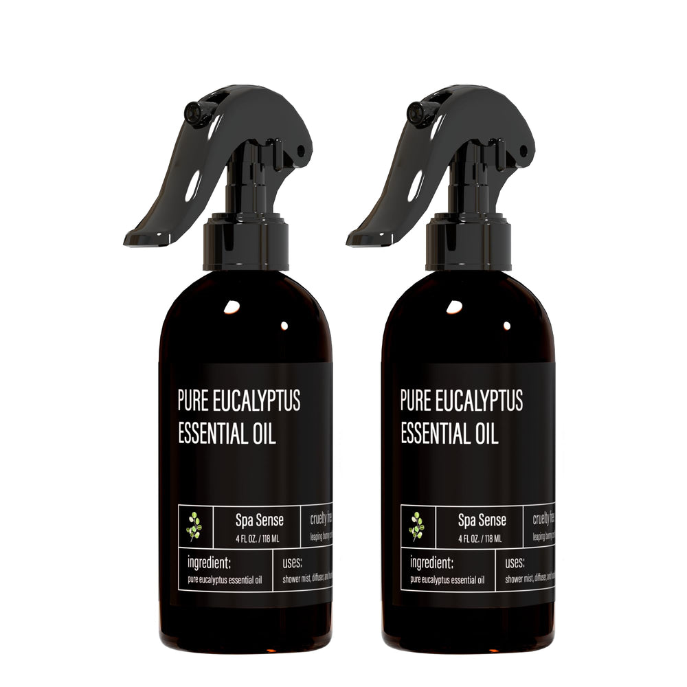 Spa Sense Pure eucalyptus shower mist bottle pouring for an invigorating start to your day.