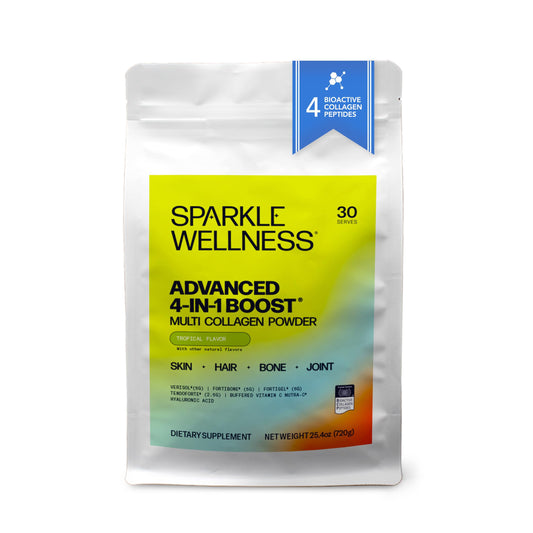 Sparkle Wellness Advanced 4-in-1 Boost powder pour, smooth blending for daily beauty support.
