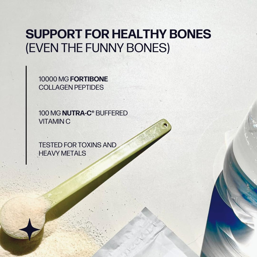 Closeup of Fortibone label highlighting 10,000 mg collagen peptides