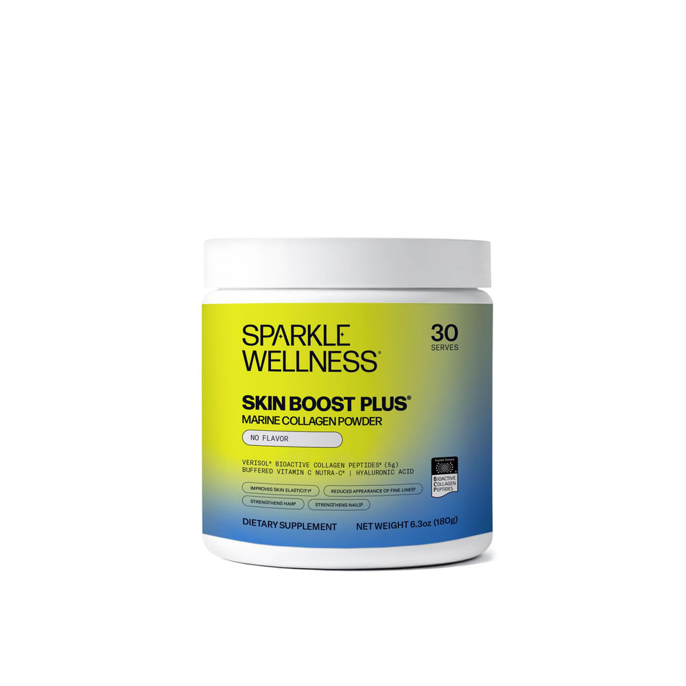 Sparkle Wellness Marine Skin Boost Plus bottle on counter for daily beauty support.