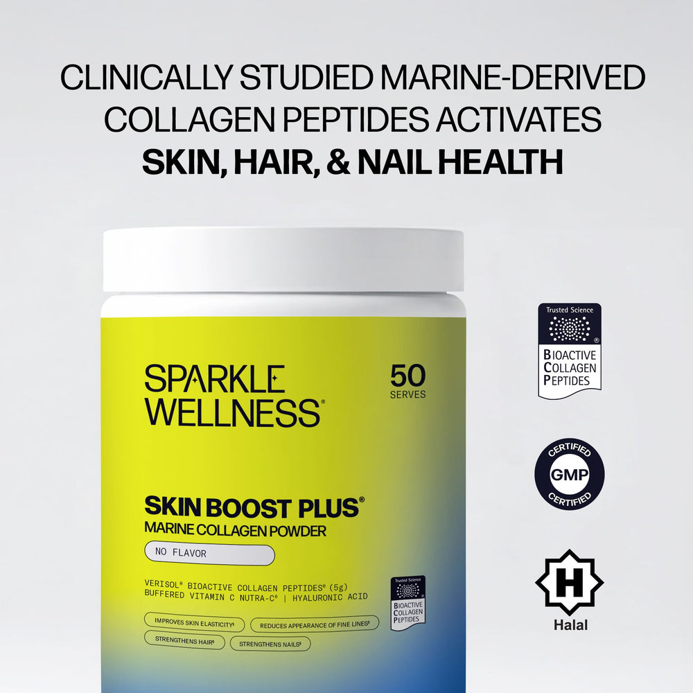 Bottle of Sparkle Wellness Marine Skin Boost Plus beside a glass of coffee