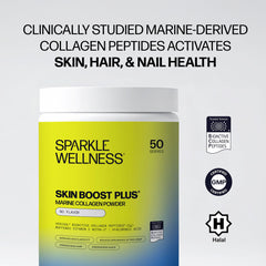 Bottle of Sparkle Wellness Marine Skin Boost Plus beside a glass of coffee