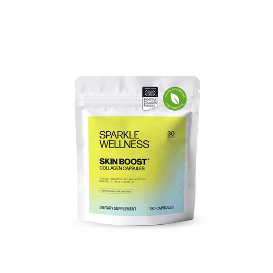 Sparkle Wellness Skin Boost Capsules bottle for daily beauty support.