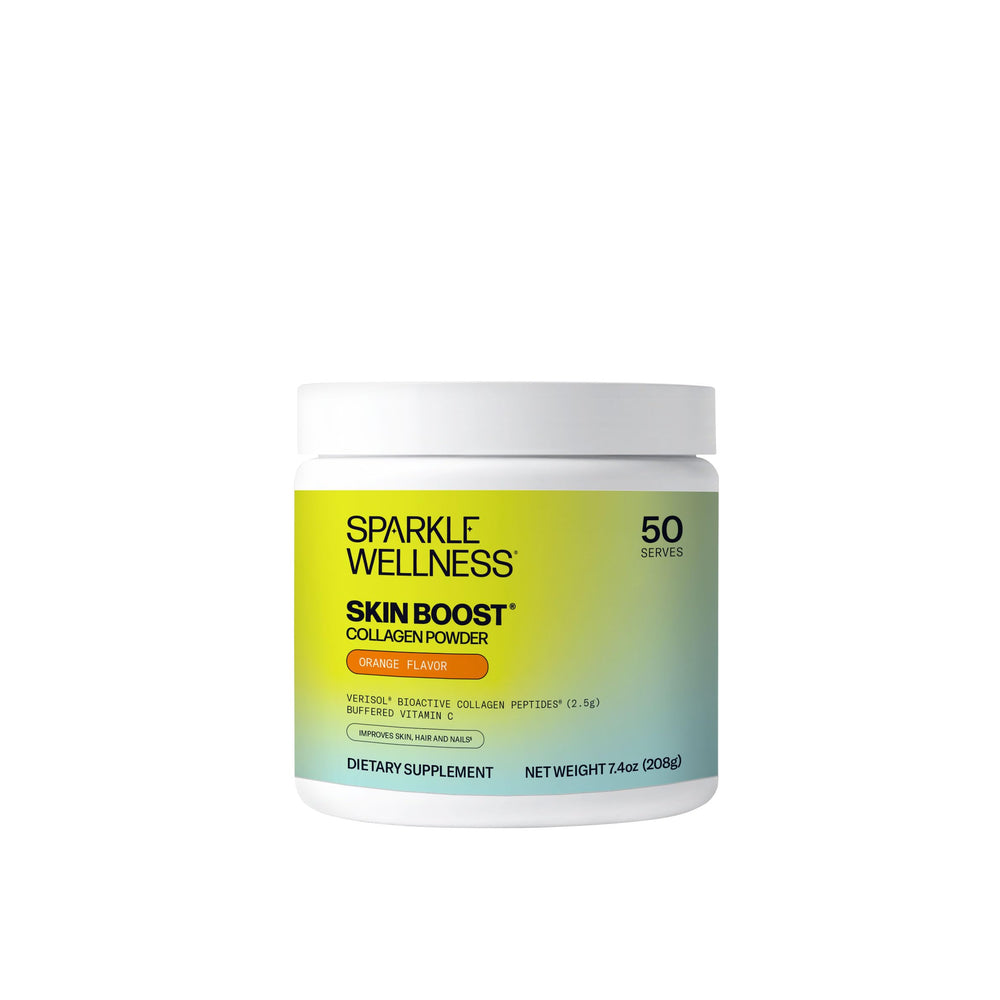 Sparkle Wellness VERISOL collagen powder poured into a glass for radiant skin support.