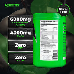 Species Nutrition Amino Evolved scoop in glass shows easy mix and flavor.