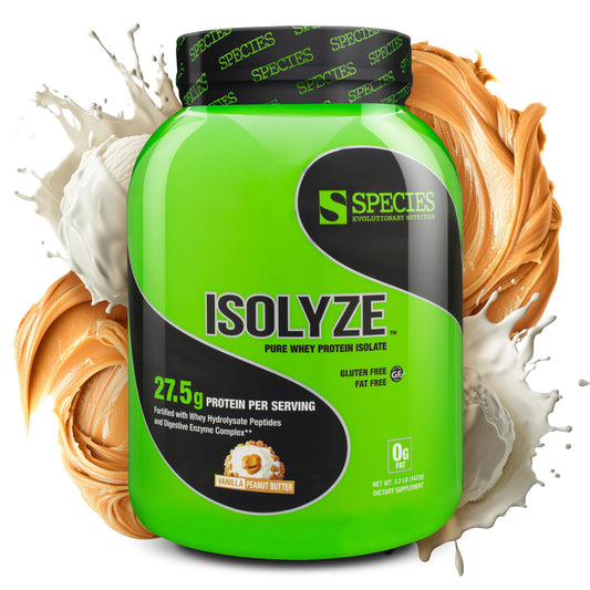 Species Nutrition Isolyze Vanilla Peanut Butter scoop for a protein-packed workout shake