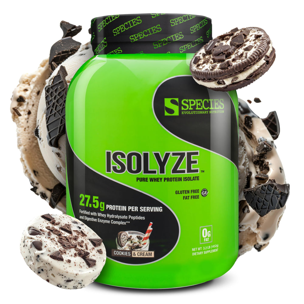Species Nutrition Isolyze whey isolate tub visible, high-protein support for muscle recovery.