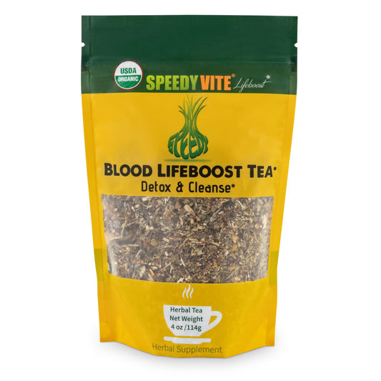 SpeedyVite Blood Lifeboost Tea packaging highlighting organic blend for daily wellness.