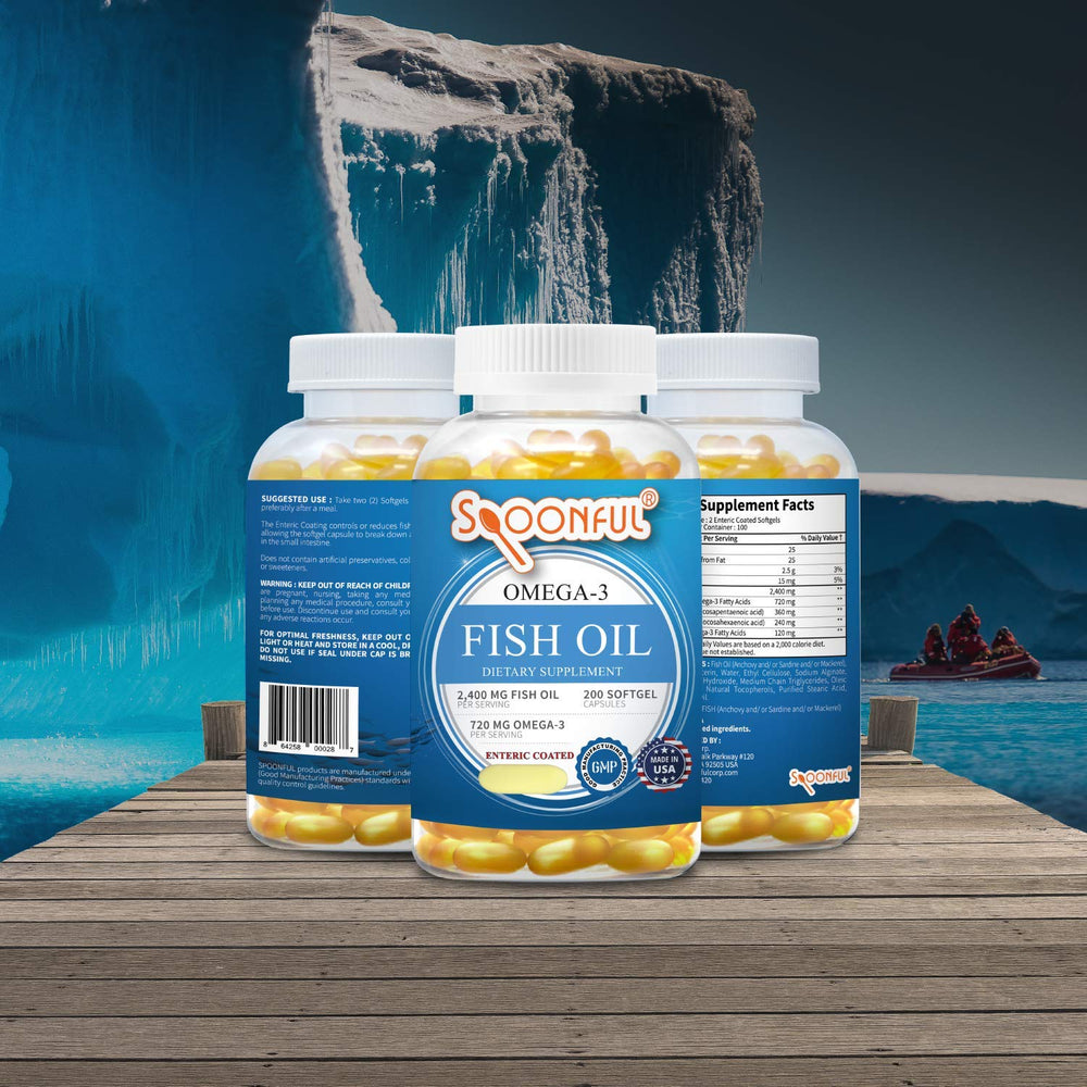 Spoonful Omega 3 bottle close-up highlighting EPA and DHA values.