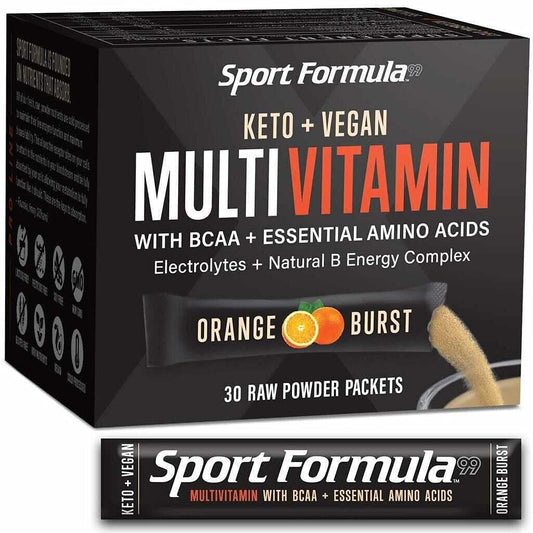 Sport Formula 99 orange mix packets ideal for on-the-go vegan daily vitamins.