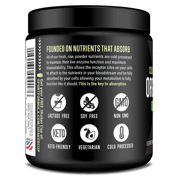Sport Formula 99 organic greens powder close-up highlighting freshness.