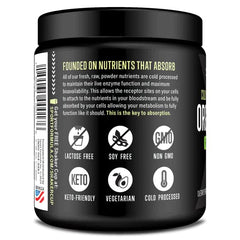 Sport Formula 99 organic greens powder close-up highlighting freshness.