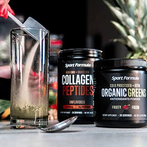 Sport Formula 99 greens powder with glass of smoothie in morning routine.