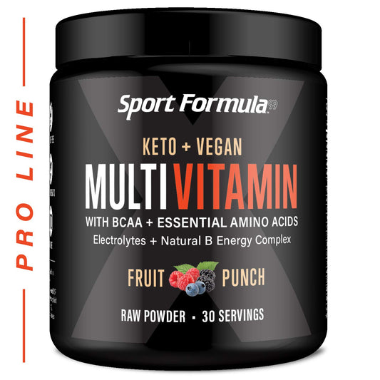 Sport Formula 99 tub label showing keto vegan multivitamin blend for clean energy.